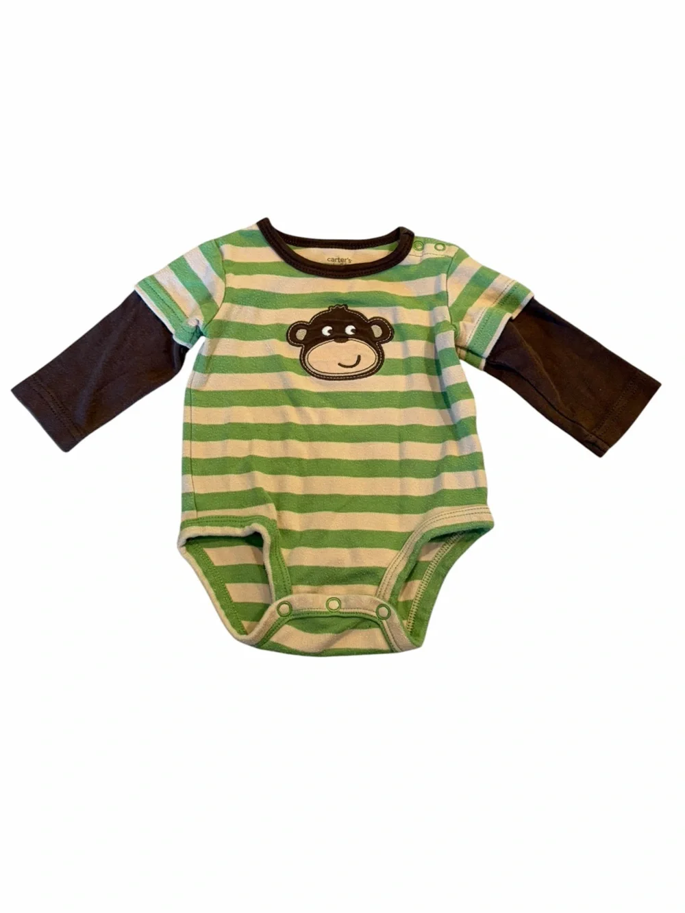 Carter's Green and Cream Striped Monkey Long-Sleeve One-Piece